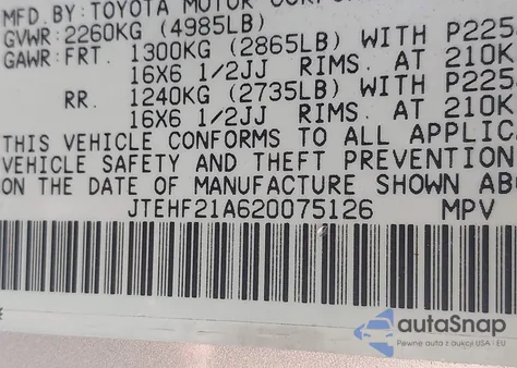 2002 Toyota Highlander V6 z USA, uszkodzony, nr VIN JTEHF21A620075126